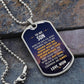 To My Son Necklace from Mom – silver dog tag necklace on slate with military ball chain