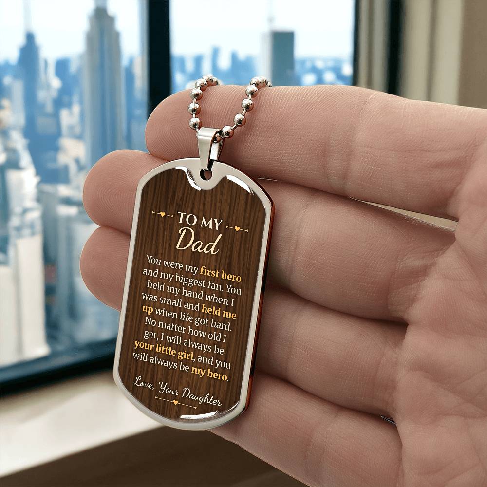 To My Dad Necklace from Daughter – silver dog tag held in hand to show size
