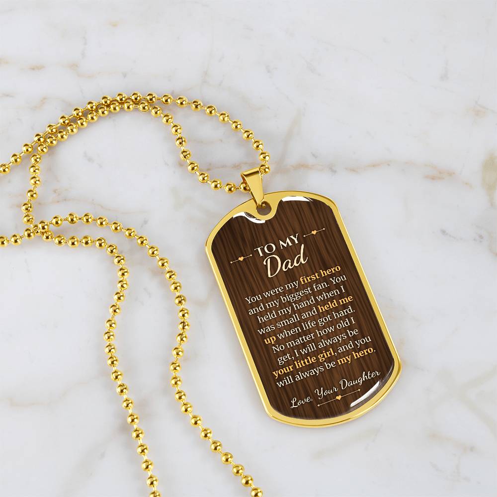 To My Dad Necklace from Daughter – 18k gold finish dog tag necklace on white marble
