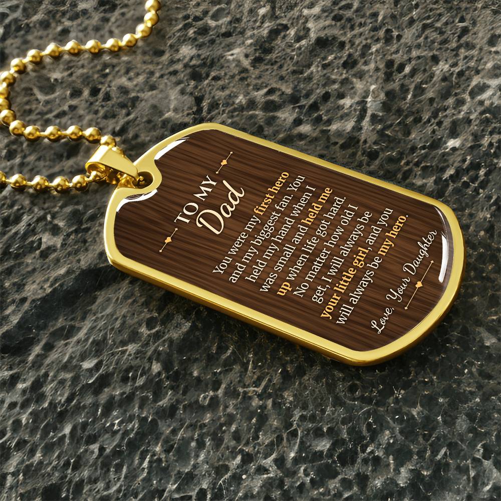 To My Dad Necklace from Daughter – gold dog tag necklace on dark stones
