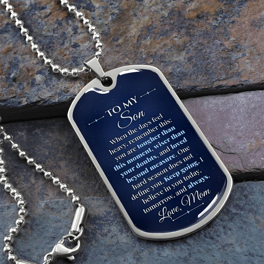 To My Son Necklace from Mom – silver dog tag necklace on slate with military ball chain