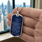 To My Bonus Son Necklace from Bonus Mom – silver dog tag held in hand to show size