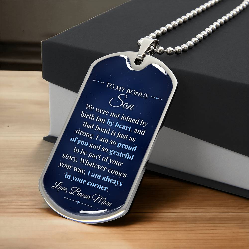 To My Bonus Son Necklace from Bonus Mom – silver dog tag necklace resting on a gift box