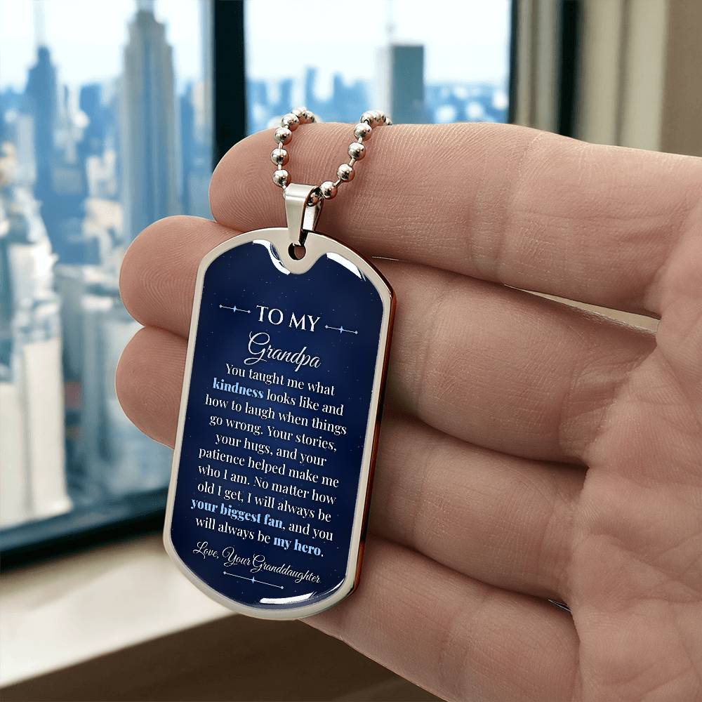 To My Grandpa Necklace from Granddaughter – silver dog tag held in hand to show size