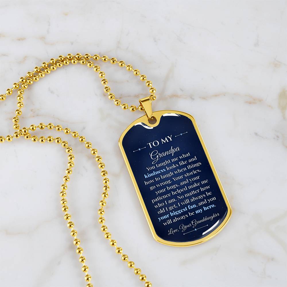 To My Grandpa Necklace from Granddaughter – 18k gold finish dog tag necklace on white marble