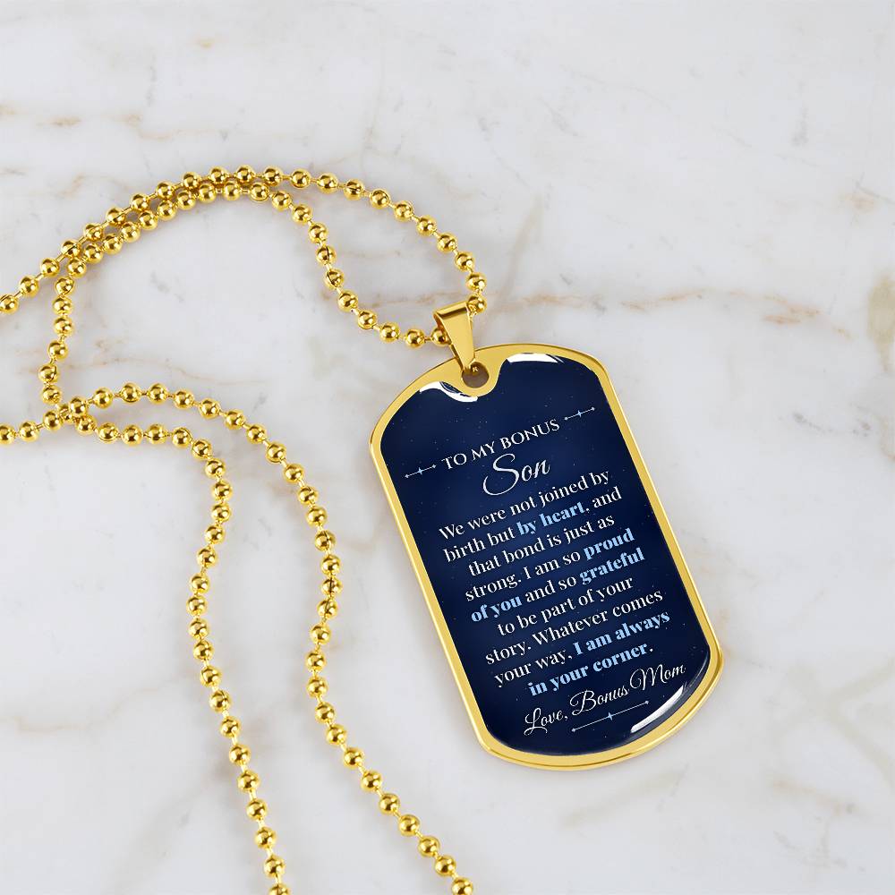 To My Bonus Son Necklace from Bonus Mom – 18k gold finish dog tag necklace on white marble