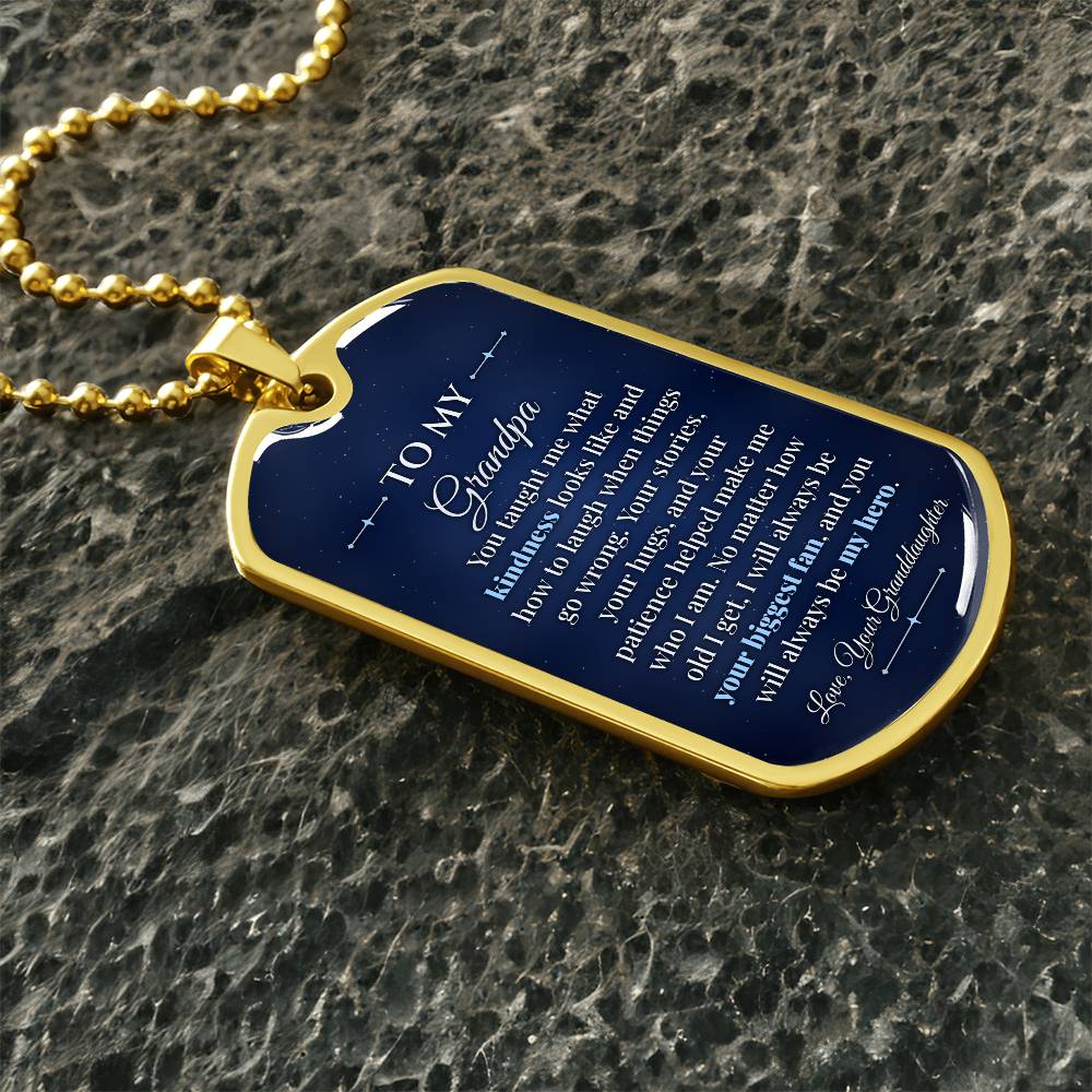 To My Grandpa Necklace from Granddaughter – gold dog tag necklace on dark stones