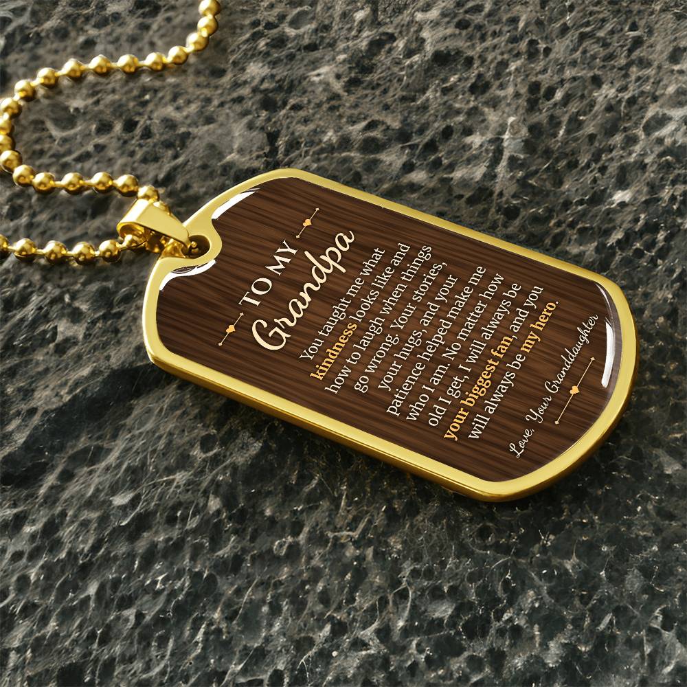 To My Grandpa Necklace from Granddaughter – gold dog tag necklace on dark stones
