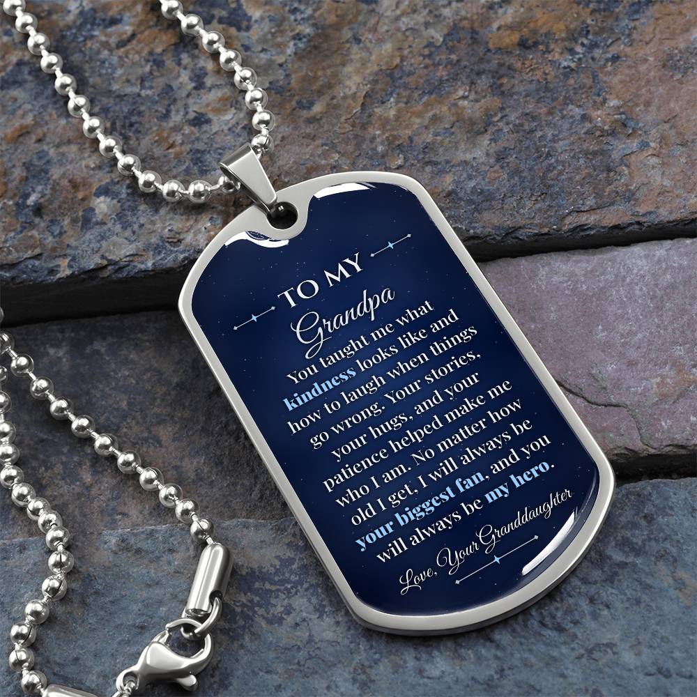 To My Grandpa Necklace from Granddaughter – silver dog tag necklace on slate with military ball chain