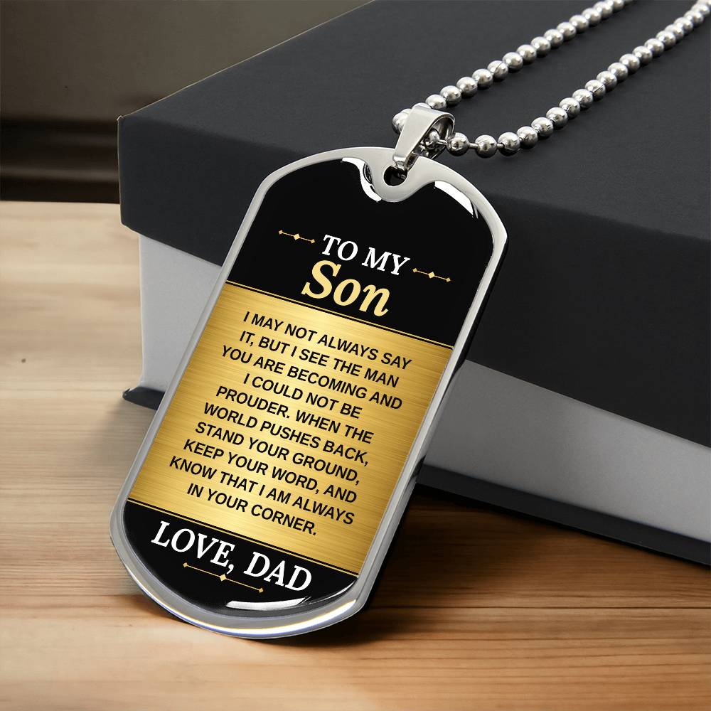 To My Son Necklace from Dad – silver dog tag necklace resting on a gift box