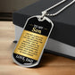 To My Son Necklace from Dad – silver dog tag necklace resting on a gift box