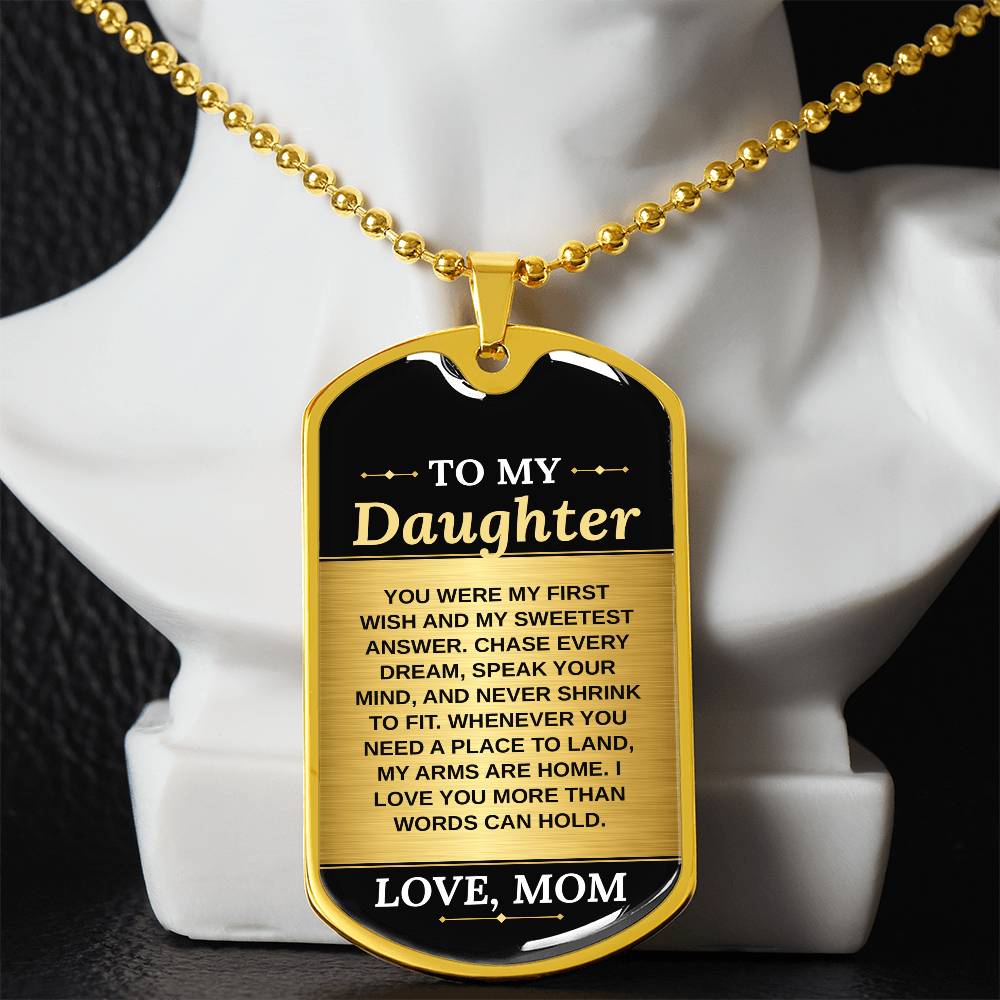 To My Daughter Necklace from Mom – gold dog tag necklace displayed on a bust