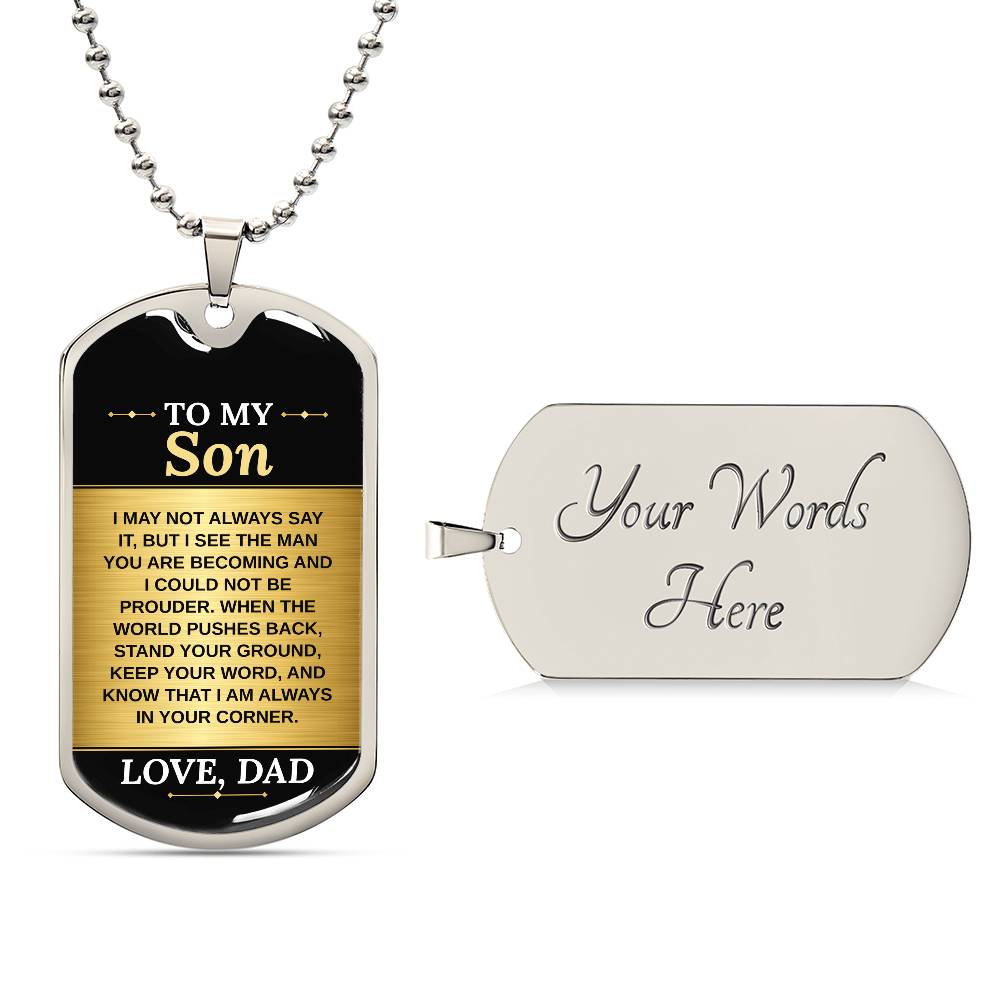 To My Son Necklace from Dad – silver dog tag with optional custom engraving on the back
