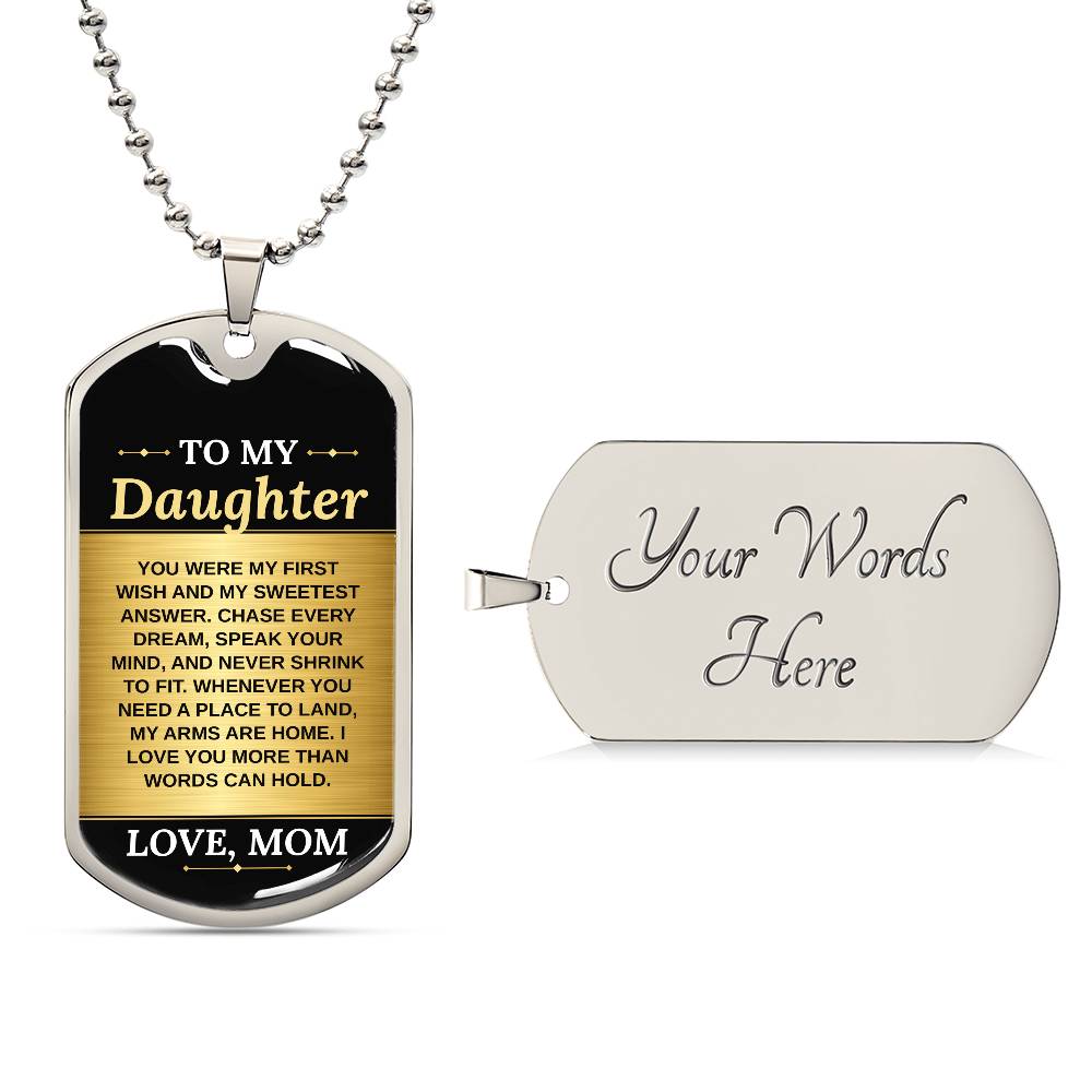 To My Daughter Necklace from Mom – silver dog tag with optional custom engraving on the back