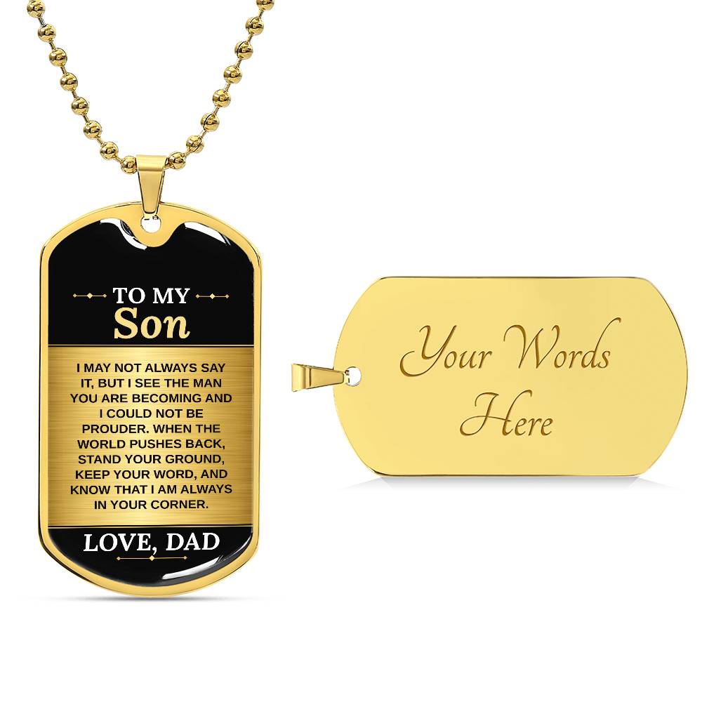 To My Son Necklace from Dad – 18k gold finish dog tag with optional custom engraving on the back