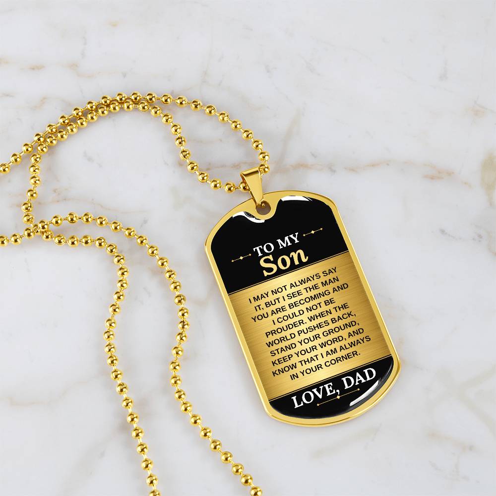 To My Son Necklace from Dad – 18k gold finish dog tag necklace on white marble