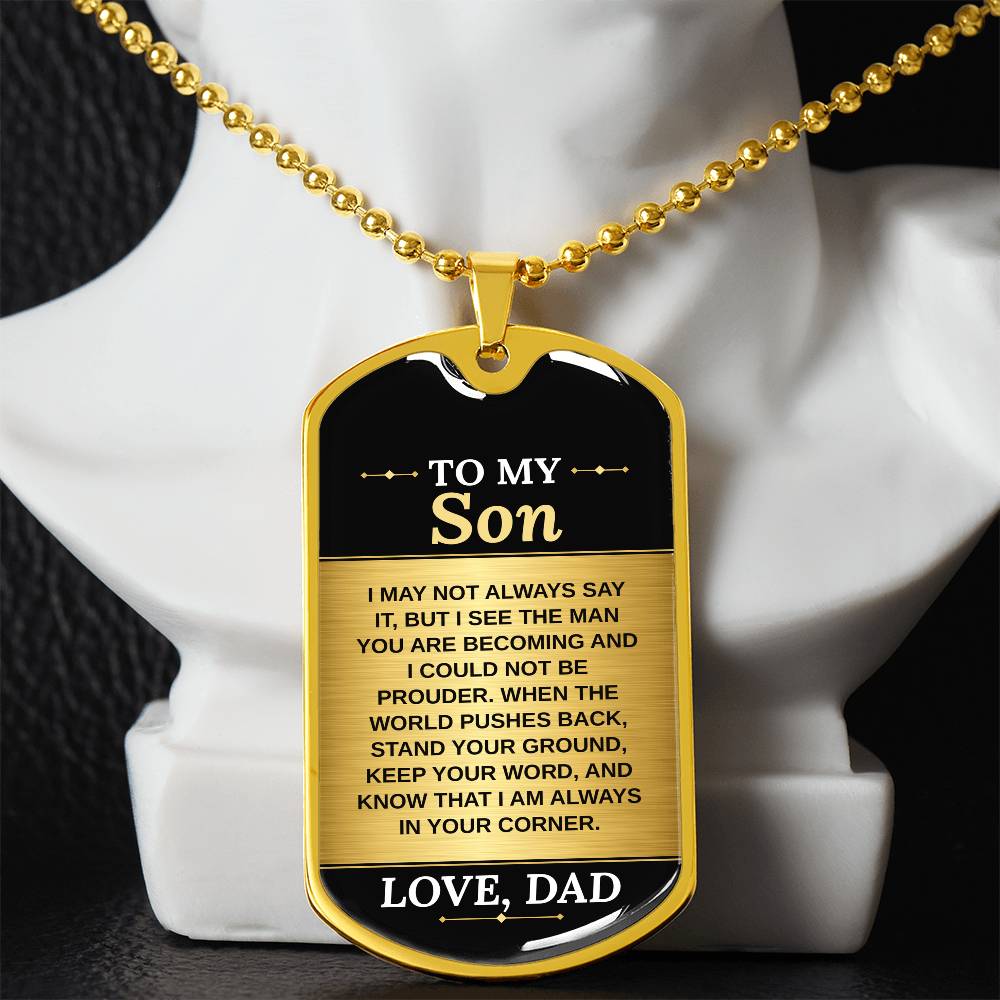 To My Son Necklace from Dad – gold dog tag necklace displayed on a bust