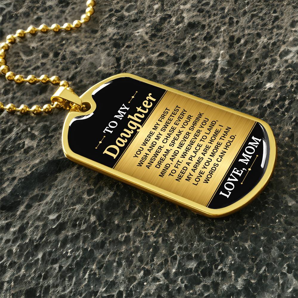 To My Daughter Necklace from Mom – gold dog tag necklace on dark stones