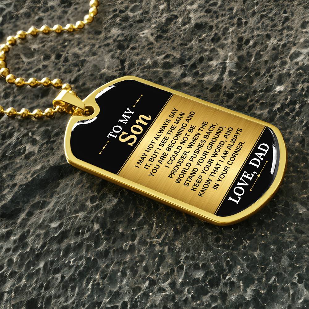 To My Son Necklace from Dad – gold dog tag necklace on dark stones