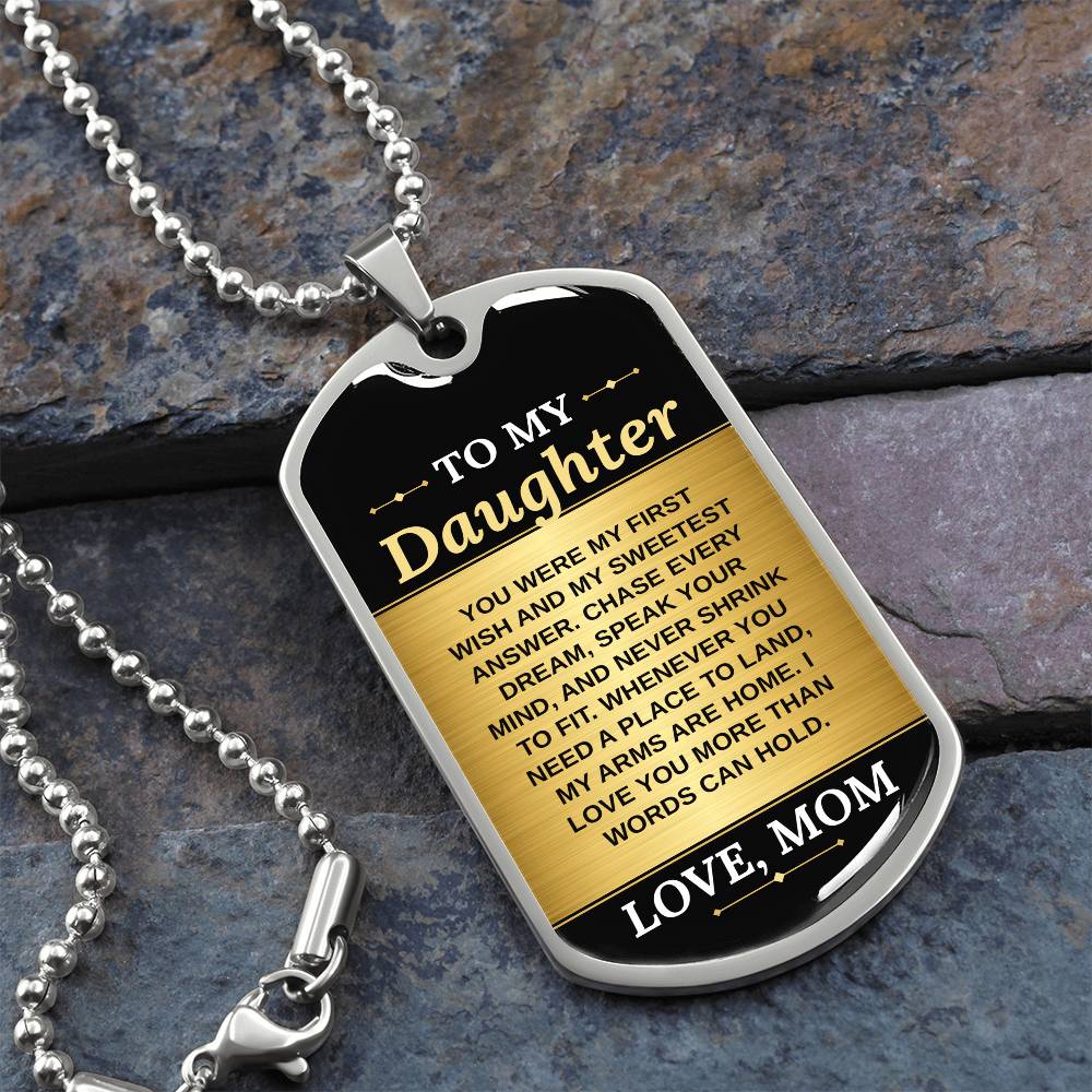 To My Daughter Necklace from Mom – silver dog tag necklace on slate with military ball chain