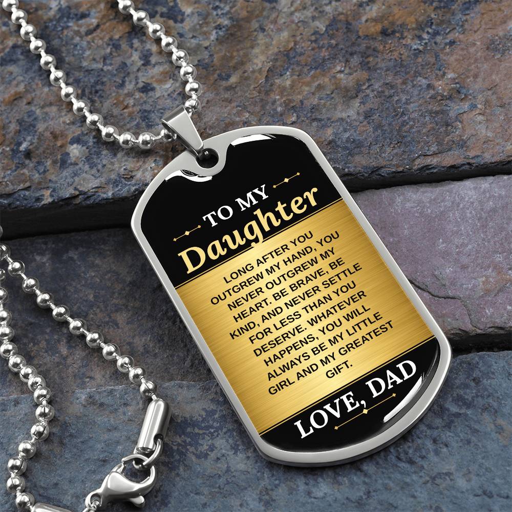 To My Daughter Necklace from Dad – silver dog tag necklace on slate with military ball chain