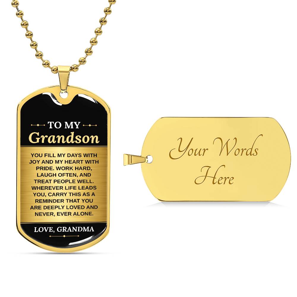To My Grandson Necklace from Grandma – 18k gold finish dog tag with optional custom engraving on the back
