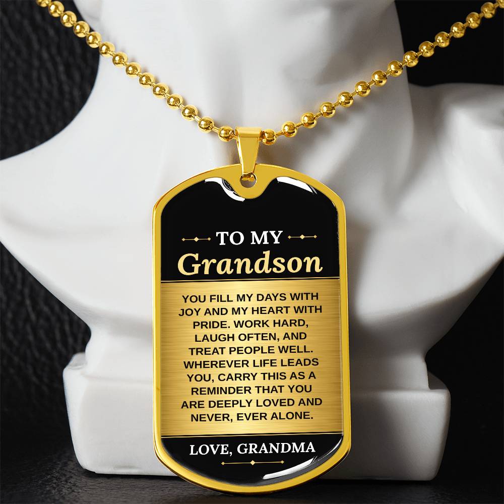 To My Grandson Necklace from Grandma – gold dog tag necklace displayed on a bust