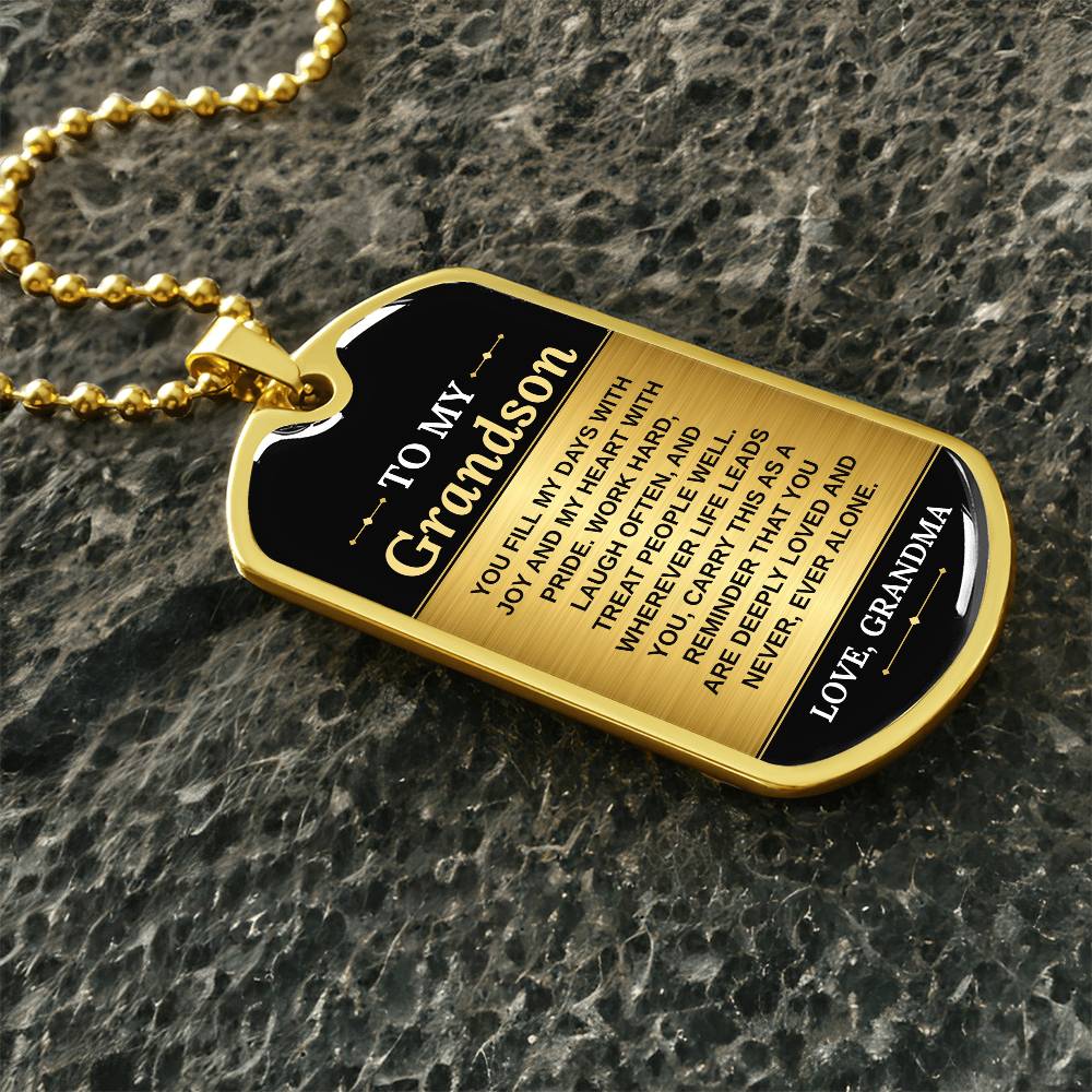 To My Grandson Necklace from Grandma – gold dog tag necklace on dark stones