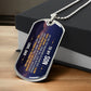 To My Son Necklace from Dad – silver dog tag necklace resting on a gift box