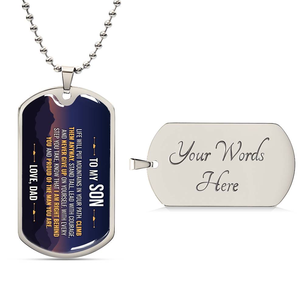 To My Son Necklace from Dad – silver dog tag with optional custom engraving on the back