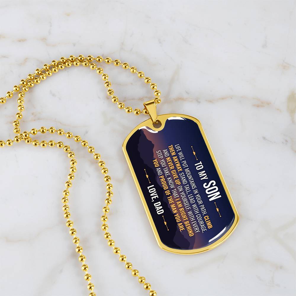 To My Son Necklace from Dad – 18k gold finish dog tag necklace on white marble