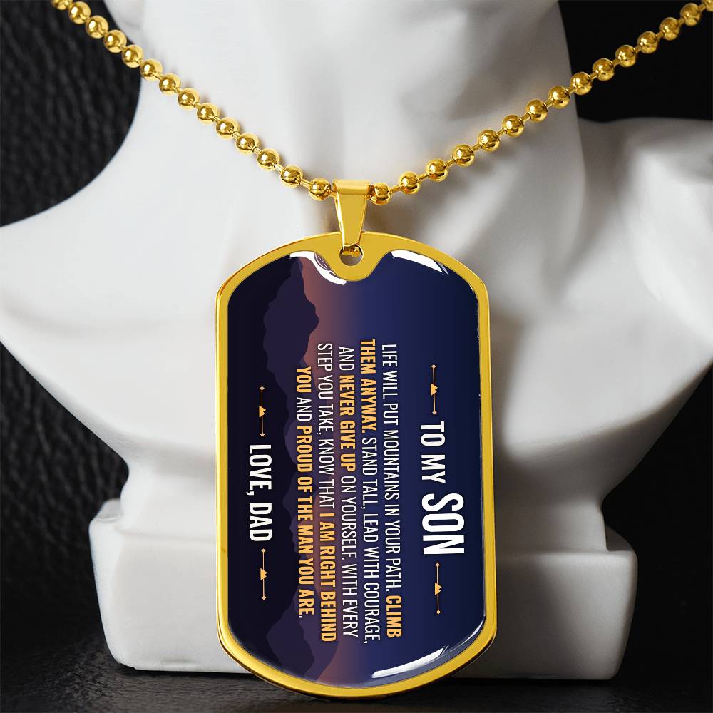 To My Son Necklace from Dad – gold dog tag necklace displayed on a bust
