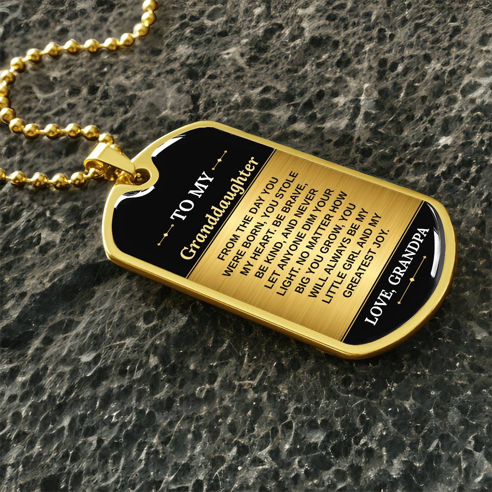 To My Granddaughter Necklace from Grandpa – gold dog tag necklace on dark stones