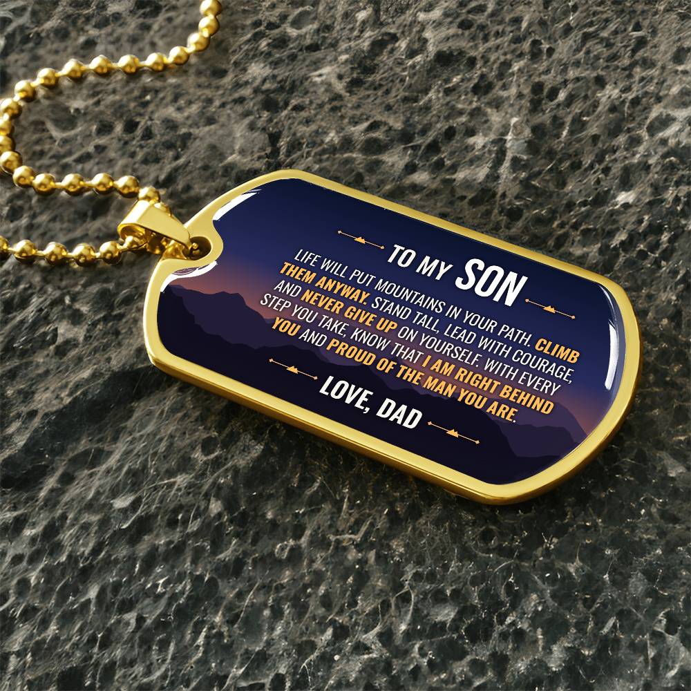 To My Son Necklace from Dad – gold dog tag necklace on dark stones