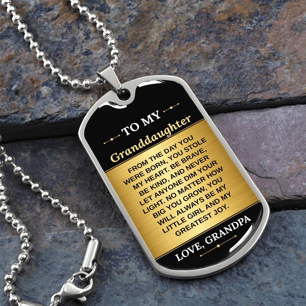 To My Granddaughter Necklace from Grandpa – silver dog tag necklace on slate with military ball chain