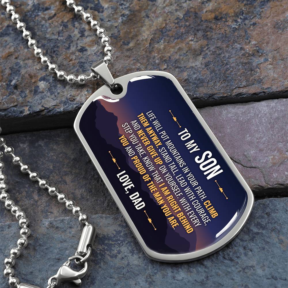 To My Son Necklace from Dad – silver dog tag necklace on slate with military ball chain
