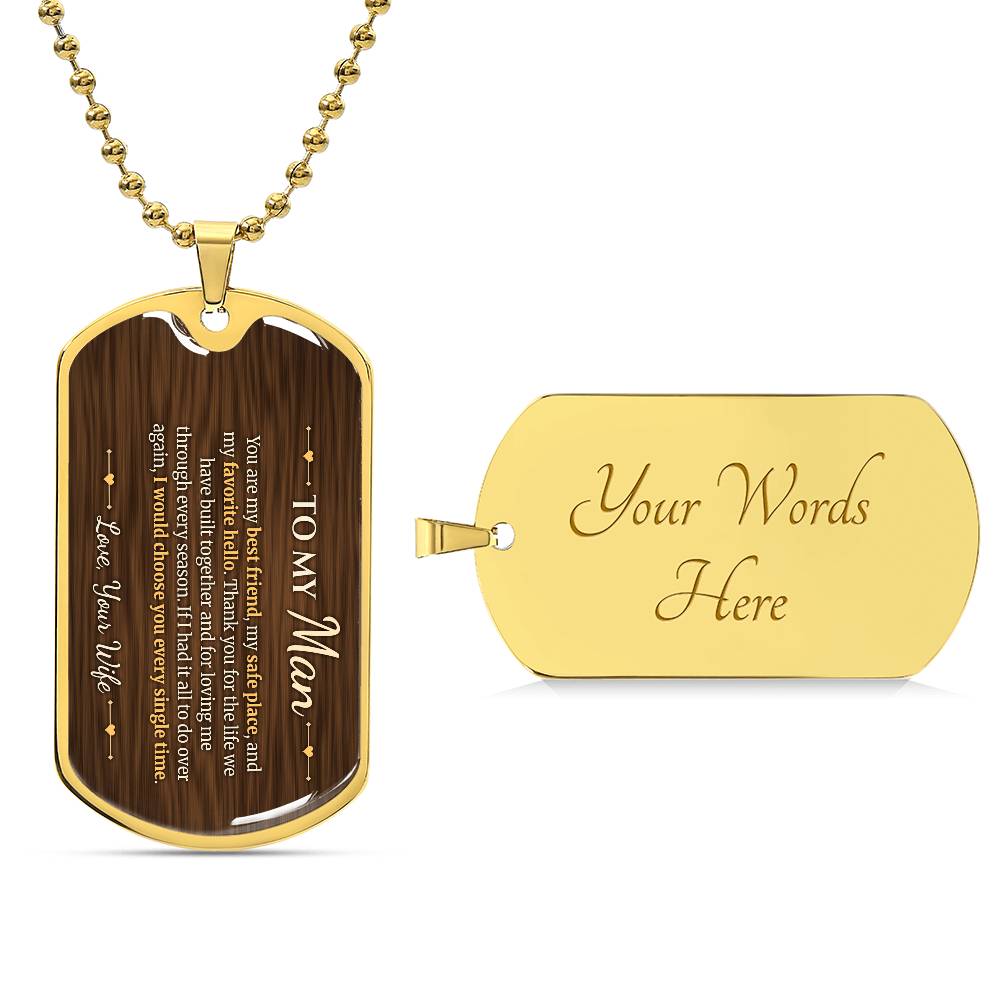 To My Man Necklace from Wife – 18k gold finish dog tag with optional custom engraving on the back