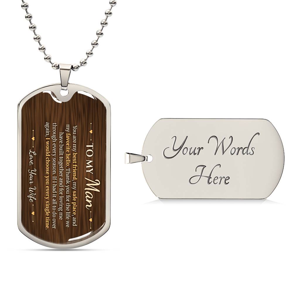 To My Man Necklace from Wife – silver dog tag with optional custom engraving on the back
