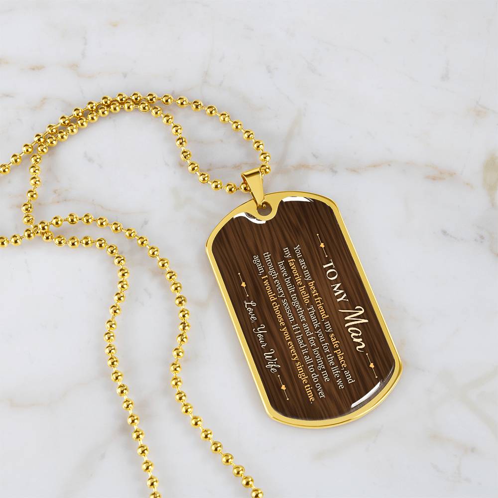 To My Man Necklace from Wife – 18k gold finish dog tag necklace on white marble