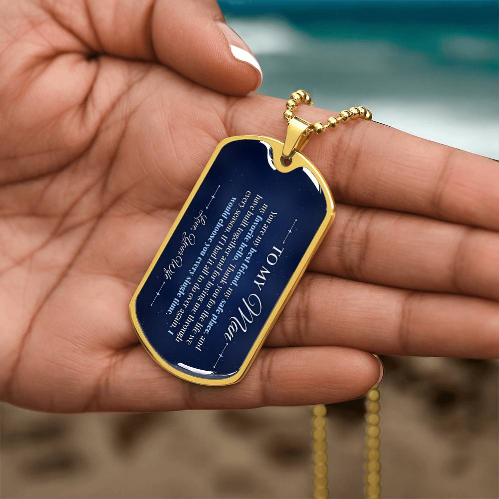 To My Man Necklace from Wife – gold dog tag held in hand to show size