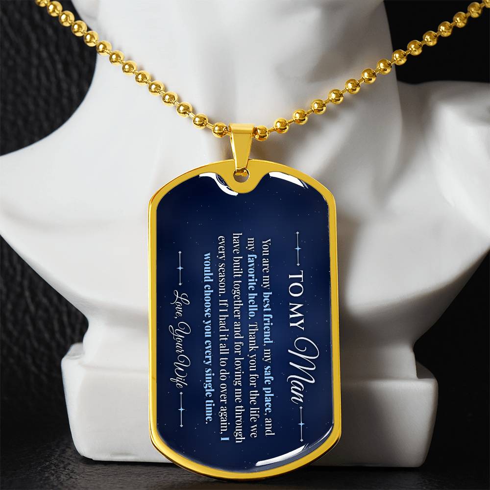 To My Man Necklace from Wife – gold dog tag necklace displayed on a bust