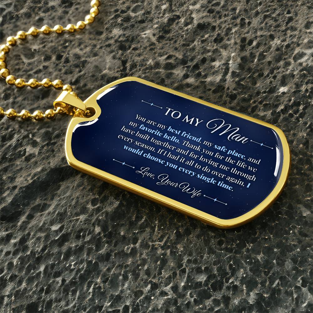To My Man Necklace from Wife – gold dog tag necklace on dark stones