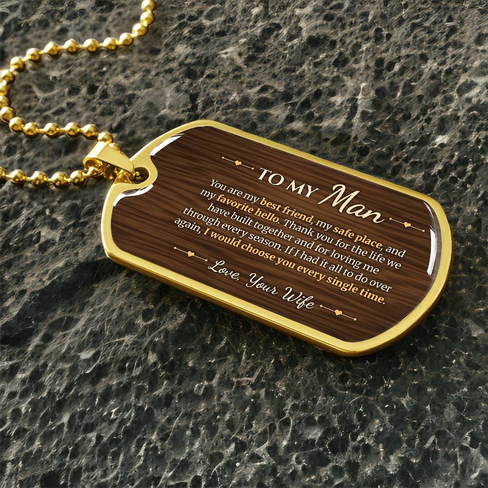 To My Man Necklace from Wife – gold dog tag necklace on dark stones