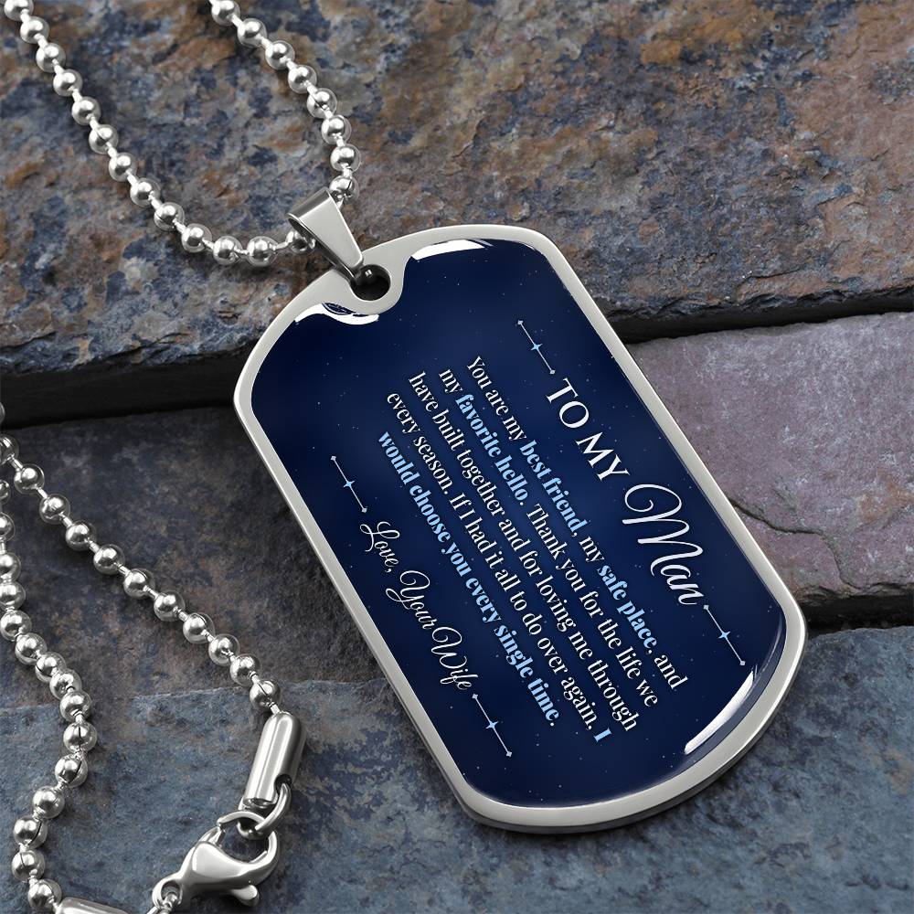 To My Man Necklace from Wife – silver dog tag necklace on slate with military ball chain