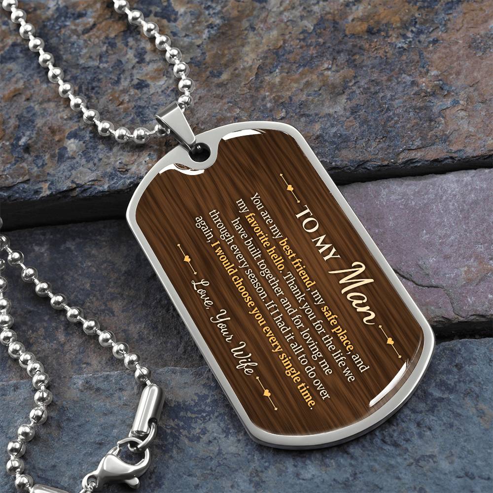 To My Man Necklace from Wife – silver dog tag necklace on slate with military ball chain