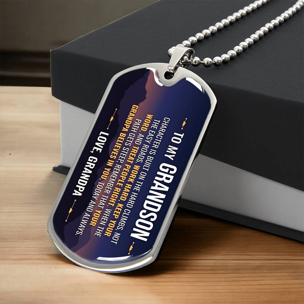 To My Grandson Necklace from Grandpa – silver dog tag necklace resting on a gift box