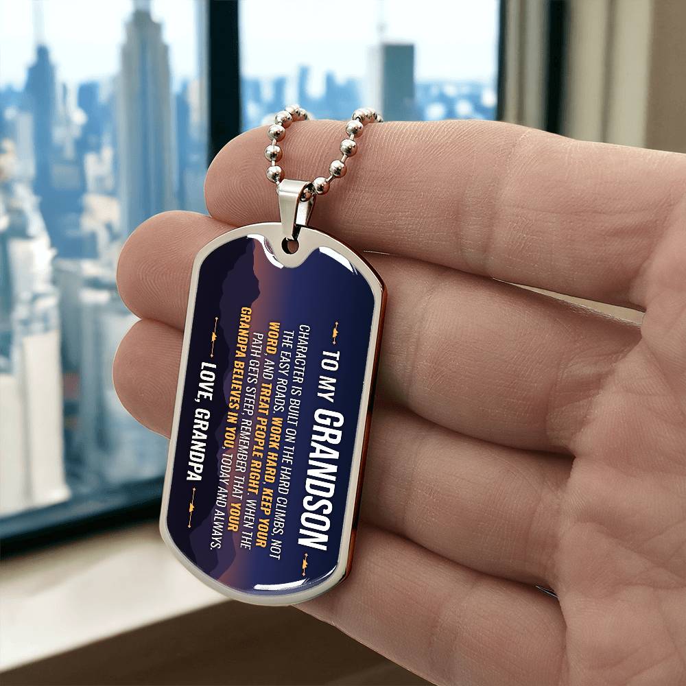 To My Grandson Necklace from Grandpa – silver dog tag held in hand to show size