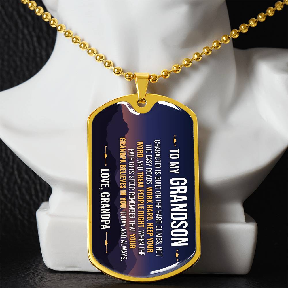 To My Grandson Necklace from Grandpa – gold dog tag necklace displayed on a bust