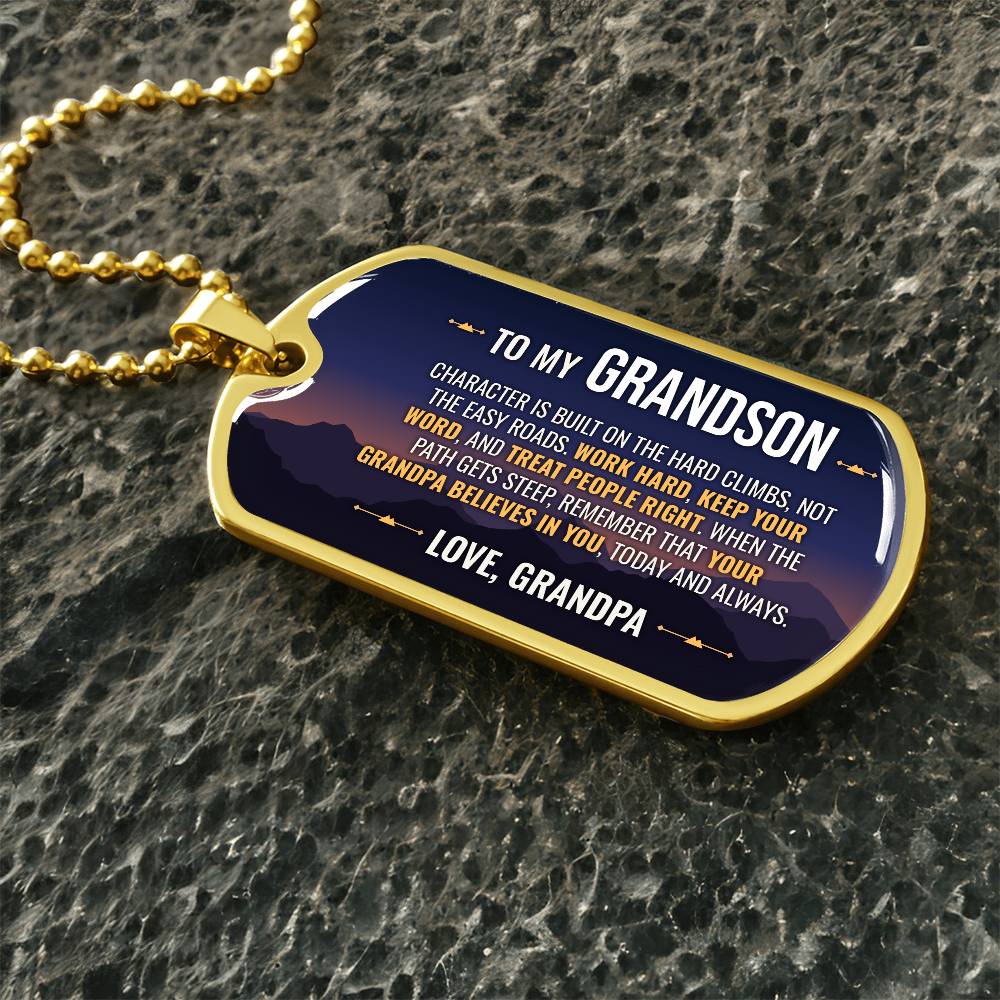 To My Grandson Necklace from Grandpa – gold dog tag necklace on dark stones