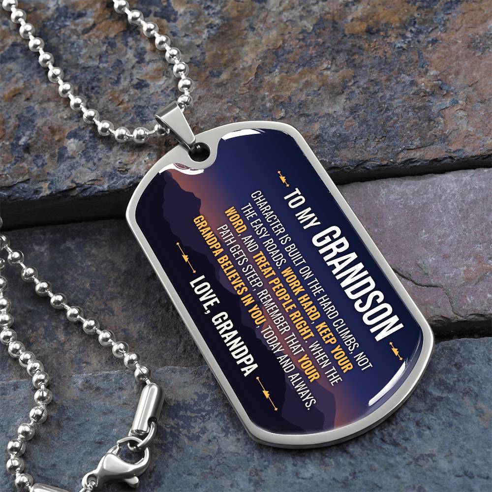 To My Grandson Necklace from Grandpa – silver dog tag necklace on slate with military ball chain